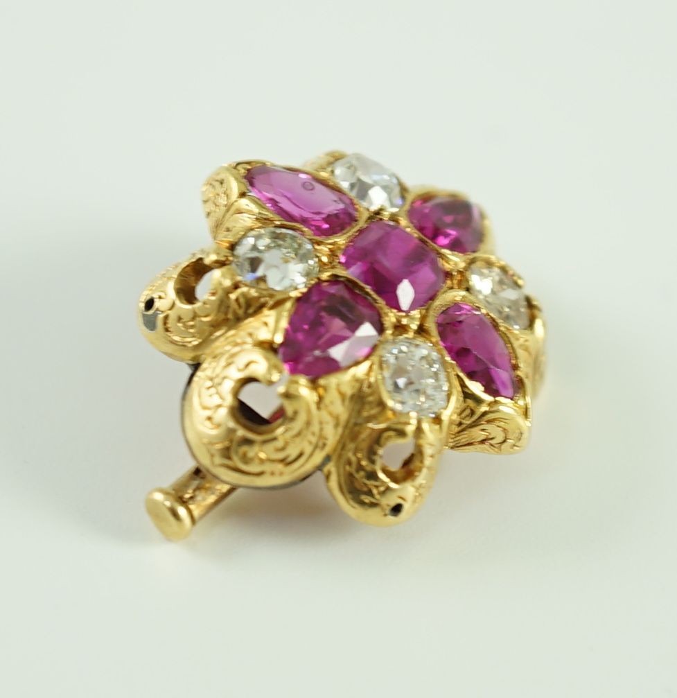 An early 20th century gold, four stone ruby and four stone diamond set brooch (adapted)